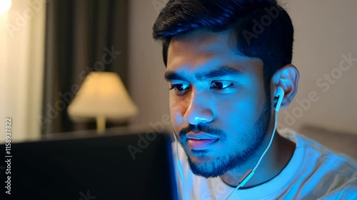 Asian young man with earphones in front of laptop at home. Online education. This student embraces the future of learning with his laptop and earphones on.