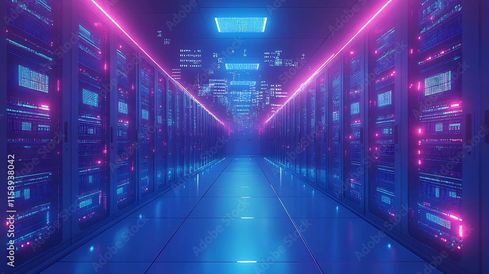 Futuristic server room with glowing neon lights, showcasing rows of data storage racks and digital information. Futuristic server room with glowing neon lights, showcasing rows of data storage racks and digital information.