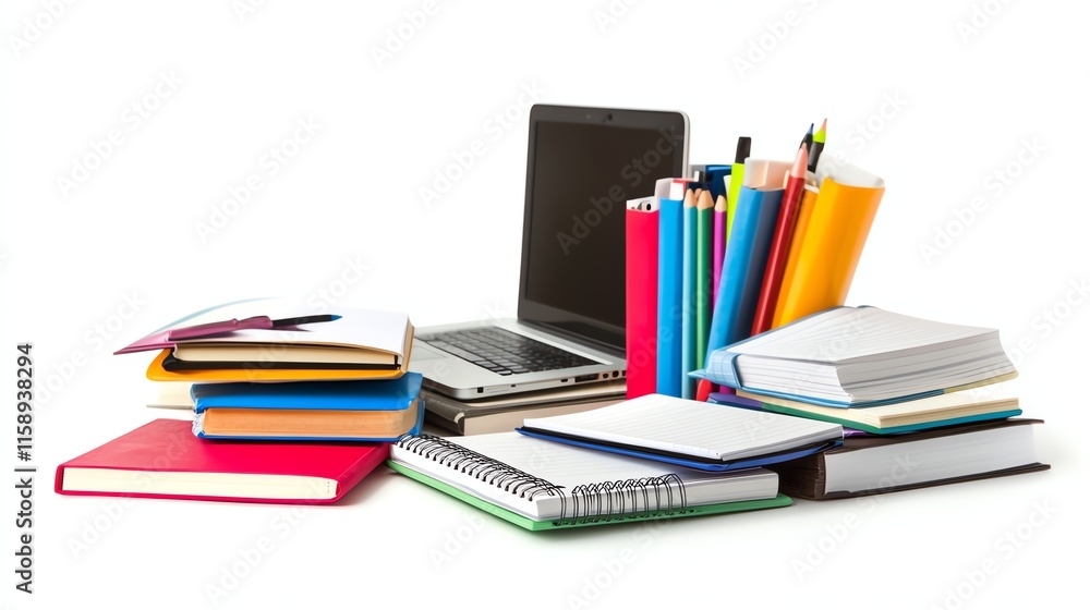 Stationery, laptop, and notebooks arranged on a white isolated background. Stationery, laptop, and notebooks arranged on a white isolated background.