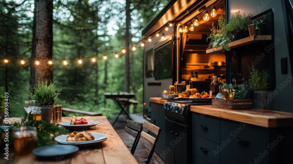 An outdoor kitchen with warm string lights set up in the forest, featuring a rustic dining area. This inviting scene reflects community and joy in nature. An outdoor kitchen with warm string lights set up in the forest, featuring a rustic dining area. This inviting scene reflects community and joy in nature.