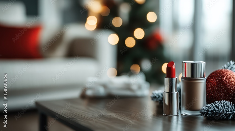 A bold red lipstick and sleek foundation bottle sit elegantly on a wooden table, enhanced by festive bokeh lighting and cozy decor in the blurred background. A bold red lipstick and sleek foundation bottle sit elegantly on a wooden table, enhanced by festive bokeh lighting and cozy decor in the blurred background.