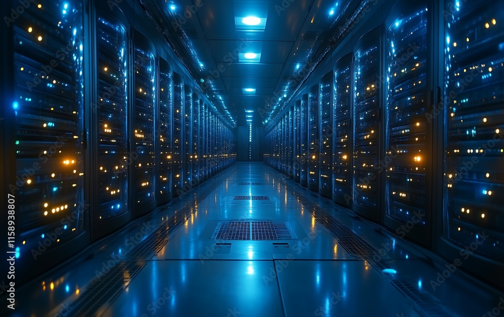 Illuminated server room interior. Illuminated server room interior.