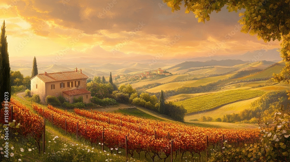 Naklejka premium Tuscan villa nestled in autumnal vineyard, sunlit hills. Ideal for wine, travel, and autumnal themes; evokes serenity and beauty.