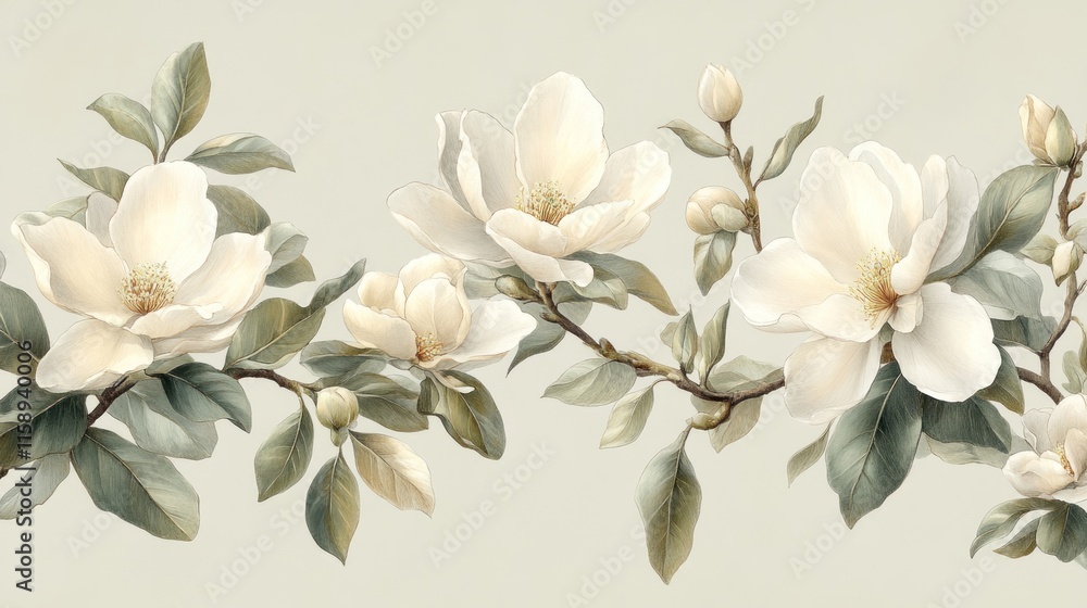 Fototapeta premium A delicate illustration of white magnolia flowers and leaves on a soft background.