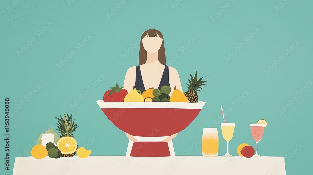 Girl in Tropical Fruit Punch Scene with Fresh Fruits and Refreshing Drinks Girl in Tropical Fruit Punch Scene with Fresh Fruits and Refreshing Drinks