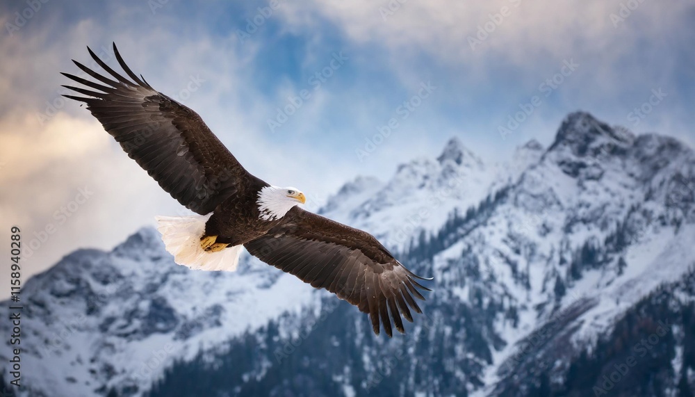 Majestic Bald Eagle Soaring Over Snow-Capped Mountains at Dusk