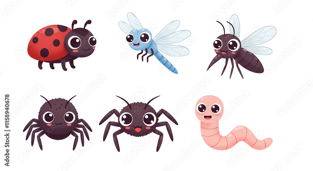Insect set line. Ladybug, dragonfly, mosquito, spider and worm. Cute cartoon kawaii funny character. Flat design. White background. Isolated. Insect set line. Ladybug, dragonfly, mosquito, spider and worm. Cute cartoon kawaii funny character. Flat design. White background. Isolated.