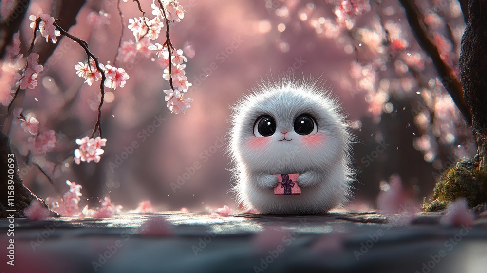 A fluffy creature holds a gift, surrounded by blooming cherry blossoms. A fluffy creature holds a gift, surrounded by blooming cherry blossoms.