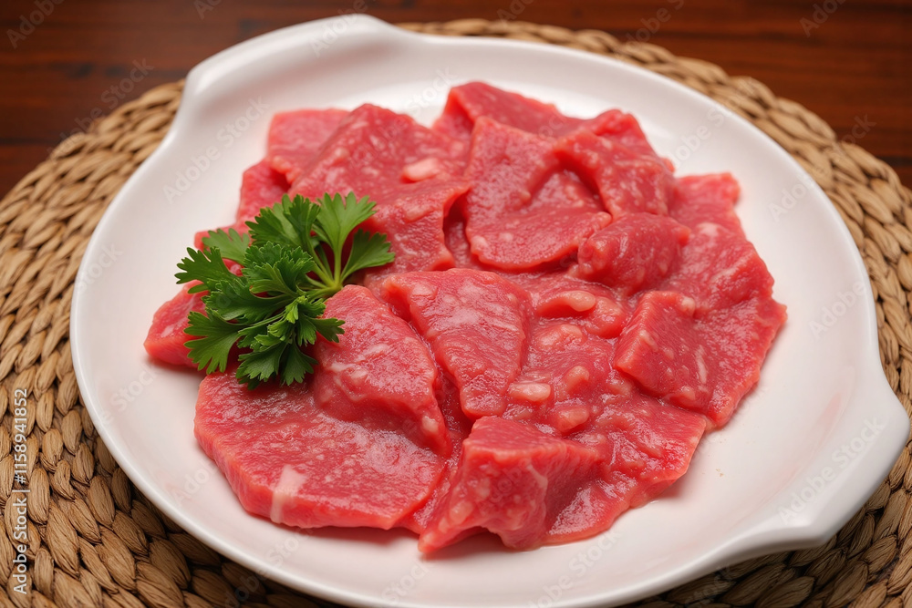 Plate of juicy beef strips garnished with parsley on placemat Plate of juicy beef strips garnished with parsley on placemat