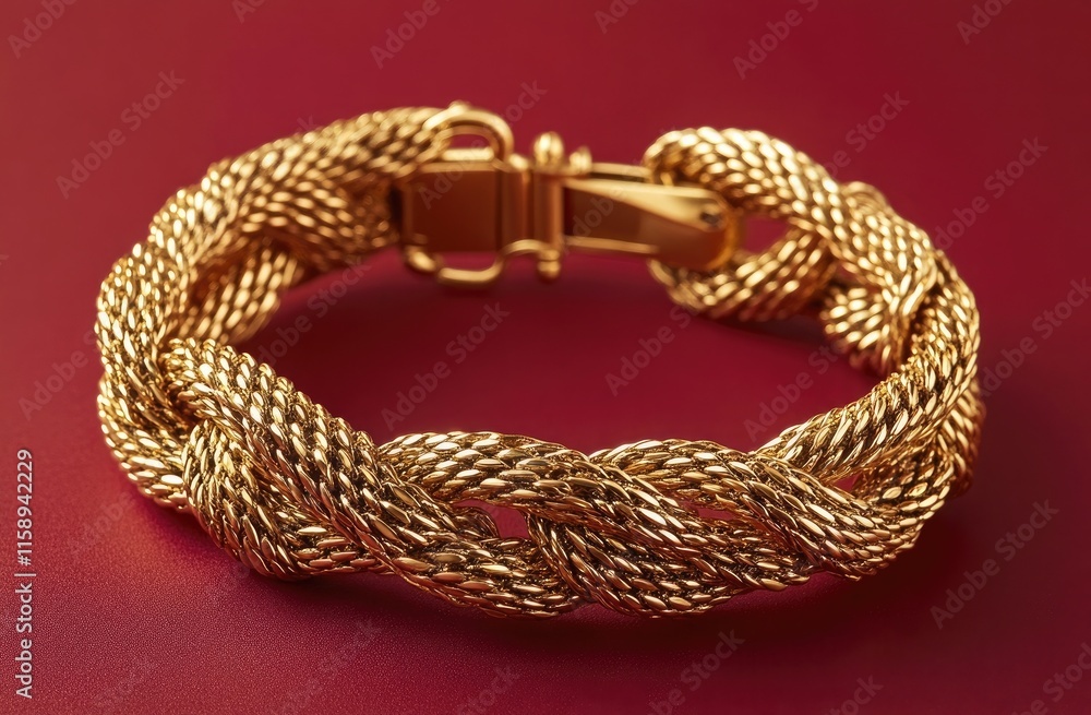 Fototapeta premium A golden woven bracelet with three strands of yellow gold wires interwoven to form an intricate pattern, set against a red background