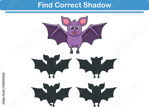 Funny cartoon bat. find the correct shadow. Kids Education games. Cartoon vector illustration