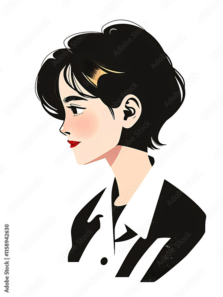 Profile portrait of a young woman with short black hair, wearing a collared shirt and jacket. Profile portrait of a young woman with short black hair, wearing a collared shirt and jacket.