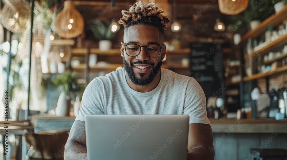 A man wearing glasses is smiling while using a laptop in a cozy, rustic cafe environment with hanging lights and greenery in the background, captured naturally. A man wearing glasses is smiling while using a laptop in a cozy, rustic cafe environment with hanging lights and greenery in the background, captured naturally.