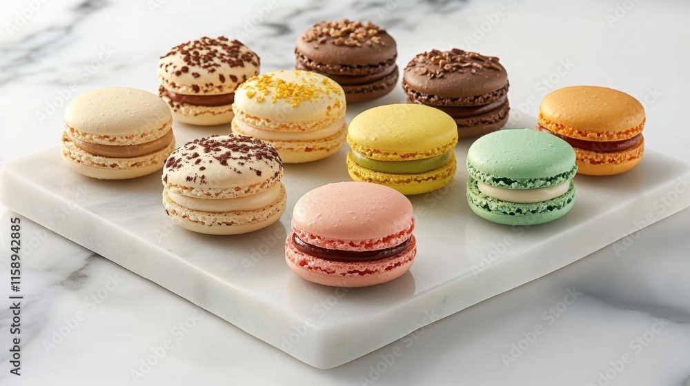 Colorful macarons neatly placed on a marble surface, highlighting their bright, eye-catching colors. Colorful macarons neatly placed on a marble surface, highlighting their bright, eye-catching colors.