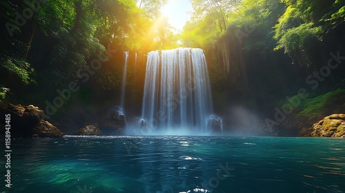 Sunlit waterfall cascading into a serene pool.