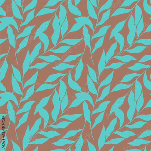 Botanical pattern with blue leaves on color trend 2025 mocha mousse background.