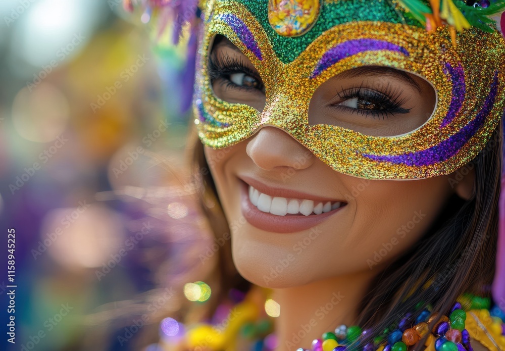 Bright and Colorful Mardi Gras Celebration with a Joyful Woman in a Glittery Mask, Smiling and Radiating Happiness Amidst Festive Decorations and Beads Bright and Colorful Mardi Gras Celebration with a Joyful Woman in a Glittery Mask, Smiling and Radiating Happiness Amidst Festive Decorations and Beads