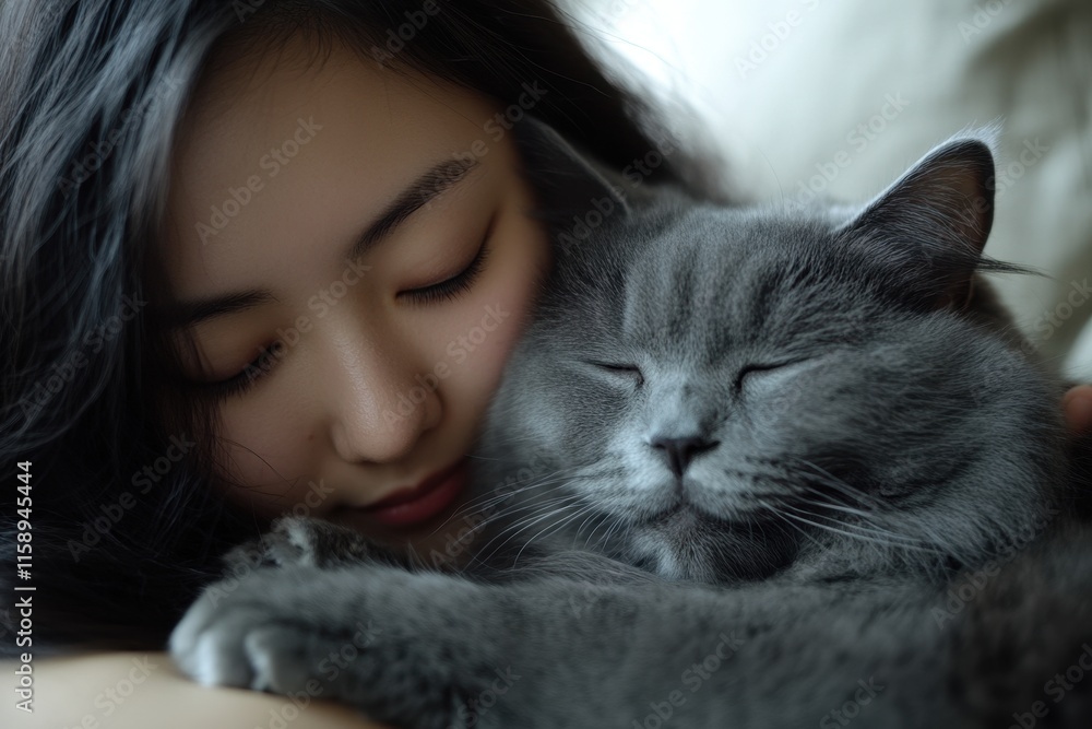 Serene woman cuddling a grey cat, eyes closed. Perfect for themes of peace, comfort, and pet love. Serene woman cuddling a grey cat, eyes closed. Perfect for themes of peace, comfort, and pet love.