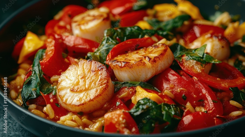 Seared Scallops with Rice and Peppers. Seared Scallops with Rice and Peppers.