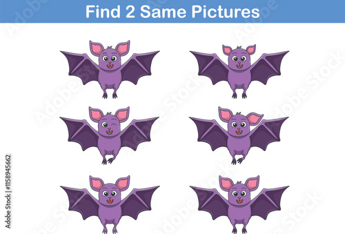 Funny cartoon bat. Find two same pictures. Educational game for children. Cartoon vector illustration
