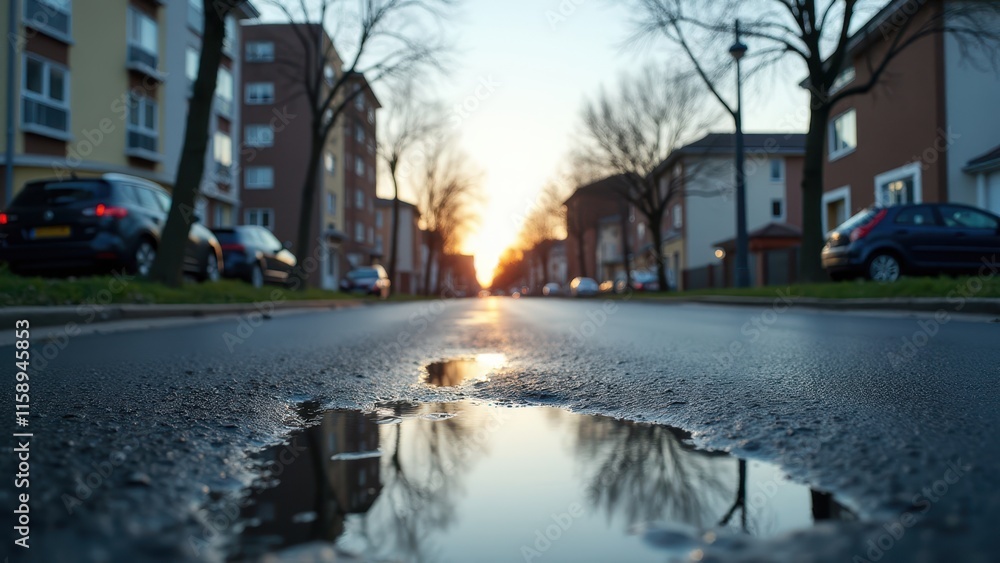 Fototapeta premium Puddles after thaw, Urban street with clear puddles reflecting the sky, detailed, photorealistic.