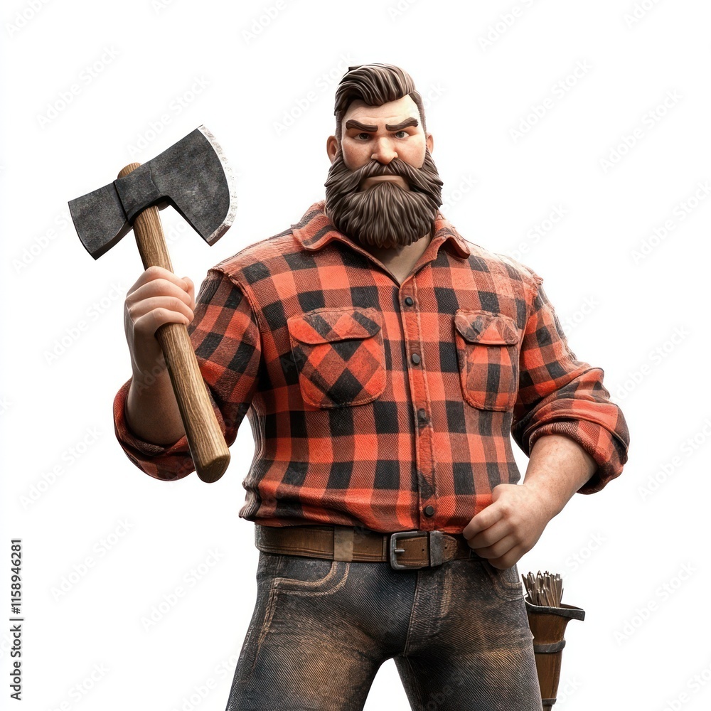 A lumberjack with an axe, wearing a flannel shirt. vector style art 3d illustration Isolated on White Background A lumberjack with an axe, wearing a flannel shirt. vector style art 3d illustration Isolated on White Background