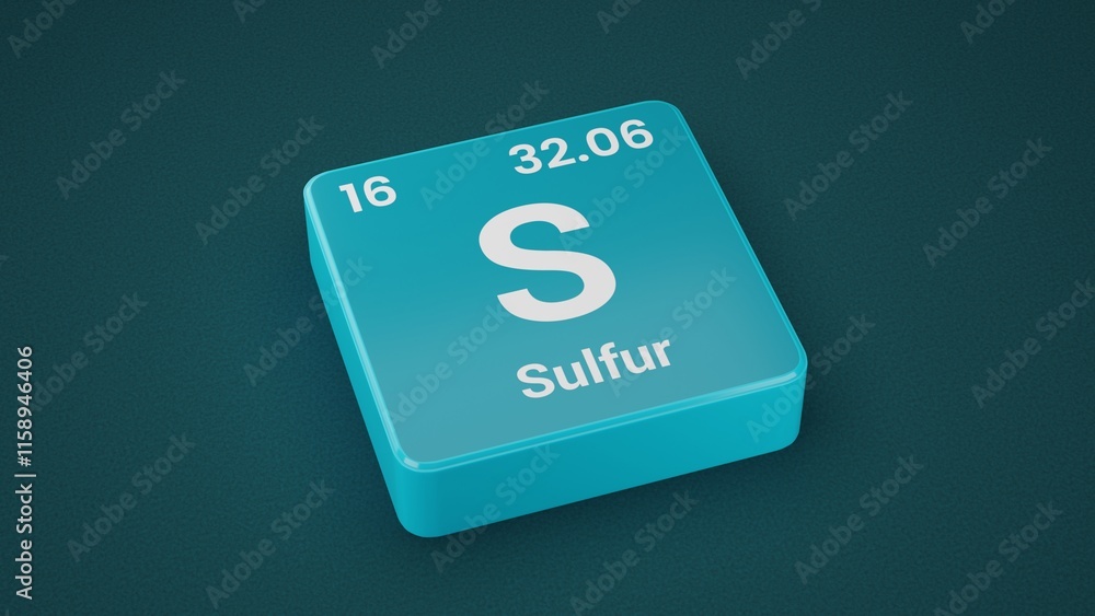 Sulphur element on the Periodic table. 16th Element of the Periodic table elements Sulphur element on the Periodic table. 16th Element of the Periodic table elements