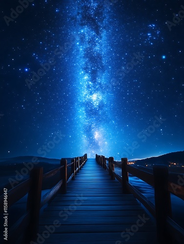 Wooden pier leading to a vibrant Milky Way galaxy at night.