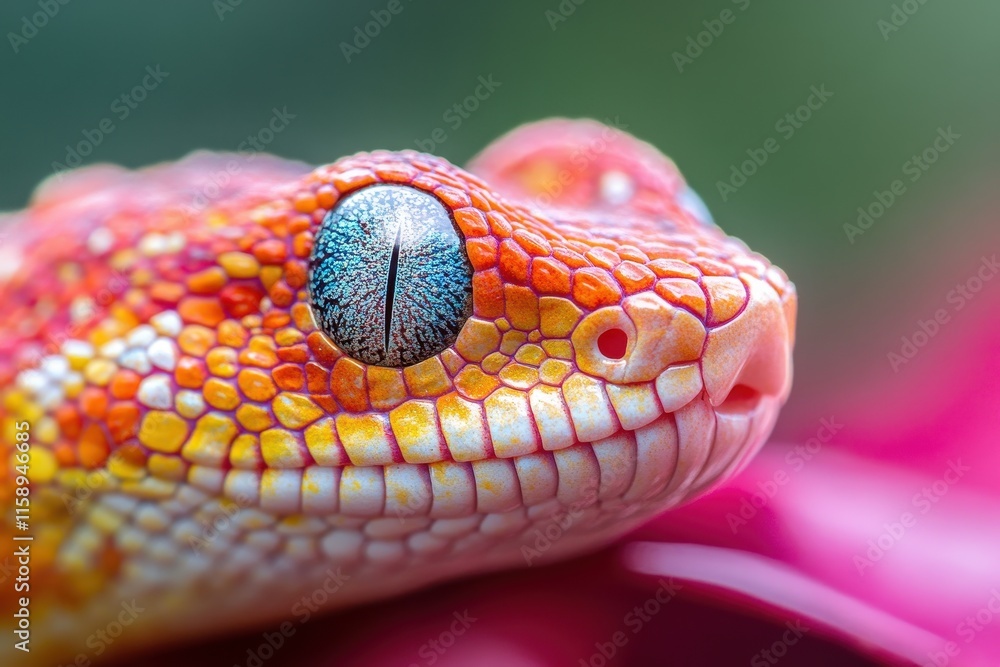 Fototapeta premium Close-up of a vibrant orange and yellow snake's head, showcasing its detailed scales and captivating eye. Perfect for illustrating reptile themes, nature documentaries, or exotic pet websites.