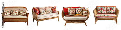 Charming rattan and floral patterned living room furniture set including a loveseat armchair and coffee table with intricate designs and plush cushions creating a cozy and inviting atmosphere