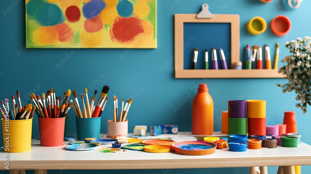 A vibrant workspace filled with art supplies, including brushes, paints, and colorful containers, set against a bright blue wall. A vibrant workspace filled with art supplies, including brushes, paints, and colorful containers, set against a bright blue wall.