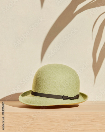 A close-up of a traditional green bowler hat with a black ribbon, displayed on a neutral wooden surface with soft lighting.