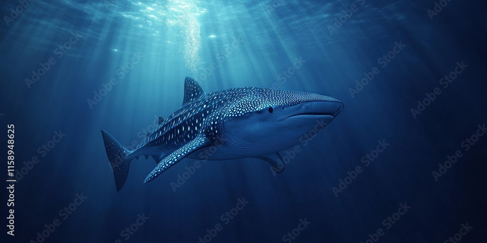 Fototapeta premium Majestic whaleshark Rhincodon typus gliding smoothly through the deep waters, showcasing the serene beauty of the whaleshark as it moves effortlessly in its aquatic habitat.