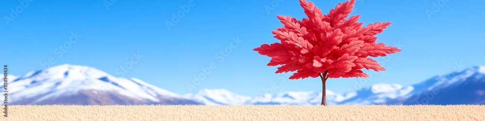 Single pink tree against snowy mountains. Single pink tree against snowy mountains.