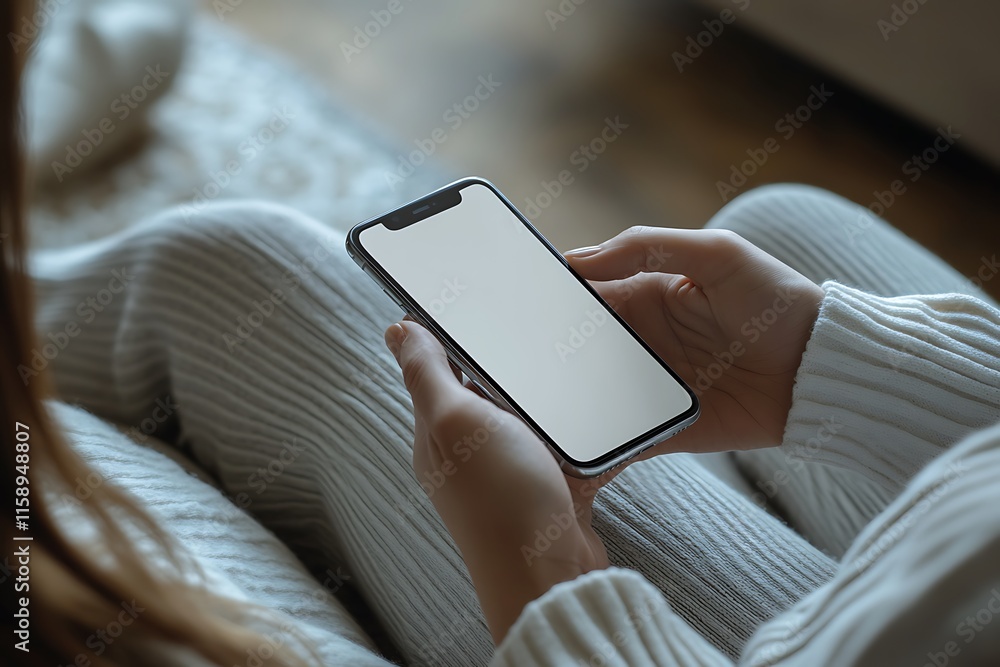Woman using smartphone in cozy home setting Woman using smartphone in cozy home setting