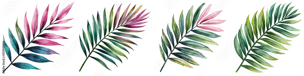 Vibrant and colorful tropical palm leaves create an and botanical background The lush frondose foliage in various shades of green with occasional hints of pink and purple Vibrant and colorful tropical palm leaves create an and botanical background The lush frondose foliage in various shades of green with occasional hints of pink and purple