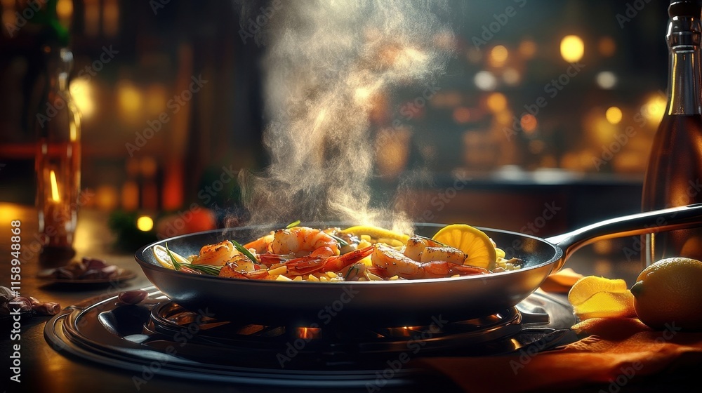 Delicious Steaming Seafood Paella Delicious Steaming Seafood Paella