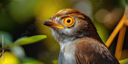 Stunning close up photography of a yellow eyed babbler, showcasing the intricate details and beauty of this fascinating bird, perfect for birdwatching enthusiasts and nature lovers alike. photo