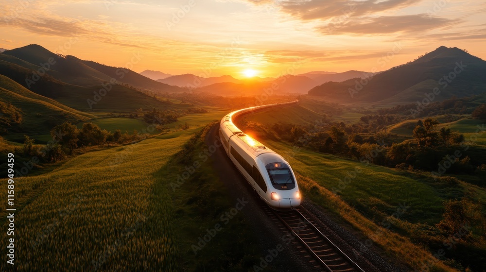A modern express train travels through a mountainous landscape at sunset, reflecting both the beauty of nature and human ingenuity in transportation technology. A modern express train travels through a mountainous landscape at sunset, reflecting both the beauty of nature and human ingenuity in transportation technology.