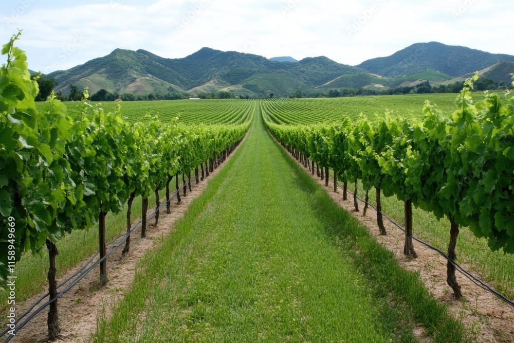 Fototapeta premium Vineyard rows create scenic beauty in wine country under a white sky landscape