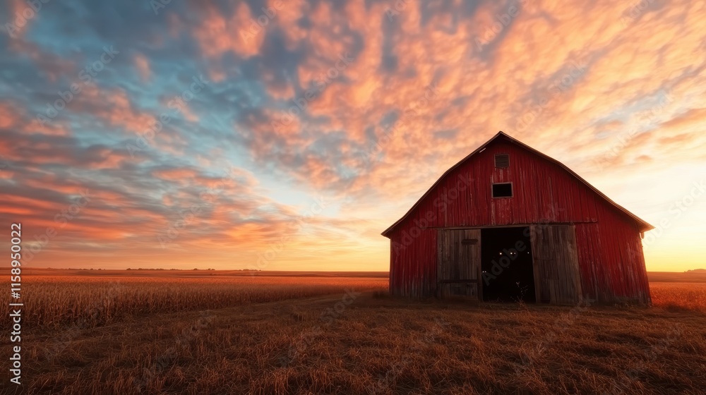 A majestic barn stands proudly against a vibrant sunset sky, capturing the essence of rustic beauty and the timeless allure of the countryside at day's end.