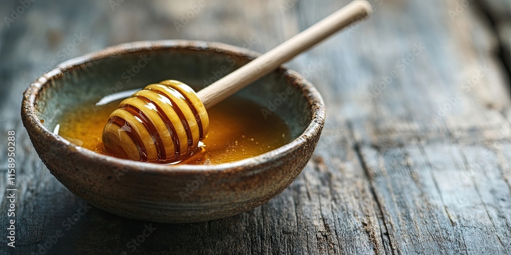 Fototapeta premium A close up of a bowl of honey accompanied by a honey dipper resting on a wooden table, showcasing the rich texture and natural color of the honey. Perfect for honey enthusiasts and culinary uses.