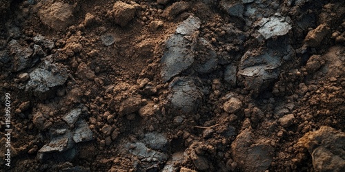 Wallpaper Mural Close up view of dark, rich soil featuring brown clay clumps, crumbling earth, and growing roots after digging. This textured soil is essential for gardening and nurturing plants in a garden. Torontodigital.ca
