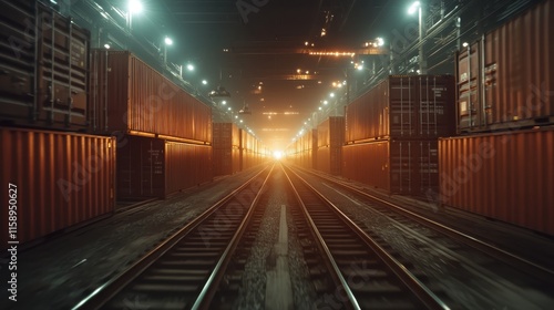 An expansive view down a railway track surrounded by towering shipping containers under bright lights, depicting industrial transportation logistics at night. photo