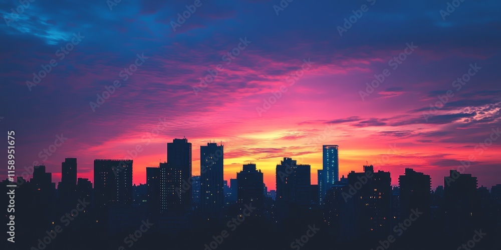 Fototapeta premium Stunning glow of the sky and the silhouette of buildings create a captivating scene during sunset, showcasing the beautiful blend of colors in the sky and the outlines of the buildings.