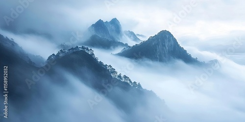 Breathtaking mountain top view enveloped in mist, showcasing the serene beauty of nature. This mountain top view highlights the tranquility and awe inspiring scenes that mist can create. photo