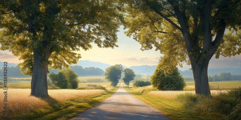 Obraz premium Scenic landscape featuring a tranquil country road, showcasing the beauty of nature along a peaceful country road, inviting exploration and admiration of the scenic landscape.