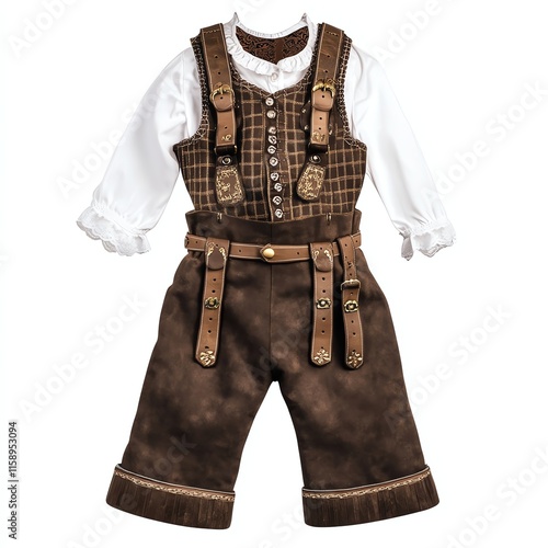 Traditional children's outfit with suspenders, white isolate background. photo