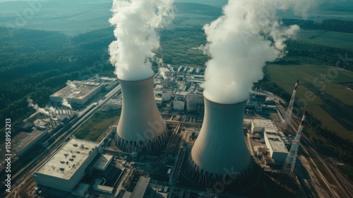 Aerial view of two cooling towers releasing thick white steam at a power plant, surrounded by greenery and blue sky, illustrating industrial energy production. photo