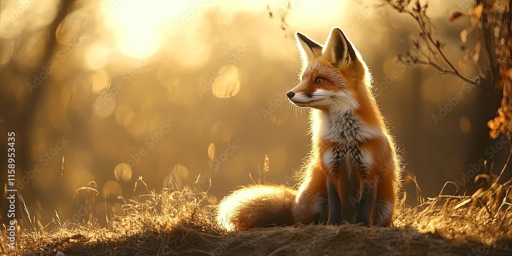 Obraz premium Young red fox illuminated by backlight, showcasing its vibrant fur and playful demeanor in a natural setting, embodying the essence of a young red fox in its environment.